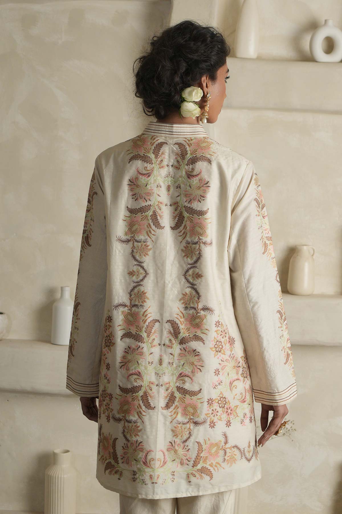 Off-White Mooga Silk Kurta with Chintz Jamewar and Silk Pants