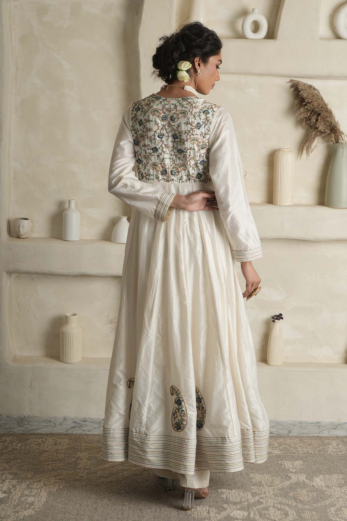 Off-White Silk Anarkali with Paisley Bodice & Ombre Dupatta