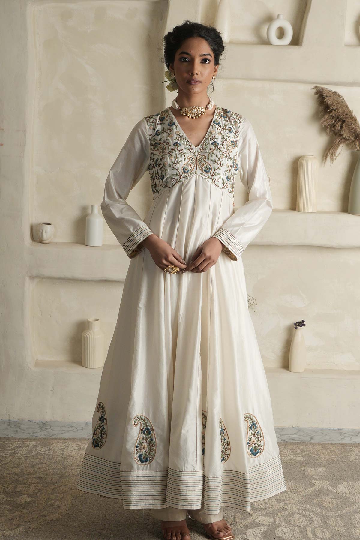 Off-White Silk Anarkali with Paisley Bodice & Ombre Dupatta