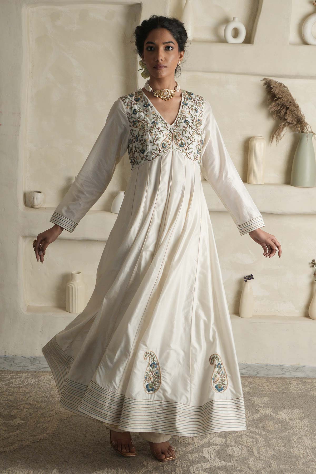 Off-White Silk Anarkali with Paisley Bodice & Ombre Dupatta