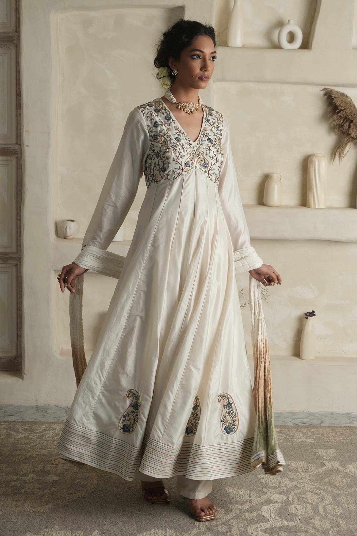 Off-White Silk Anarkali with Paisley Bodice & Ombre Dupatta