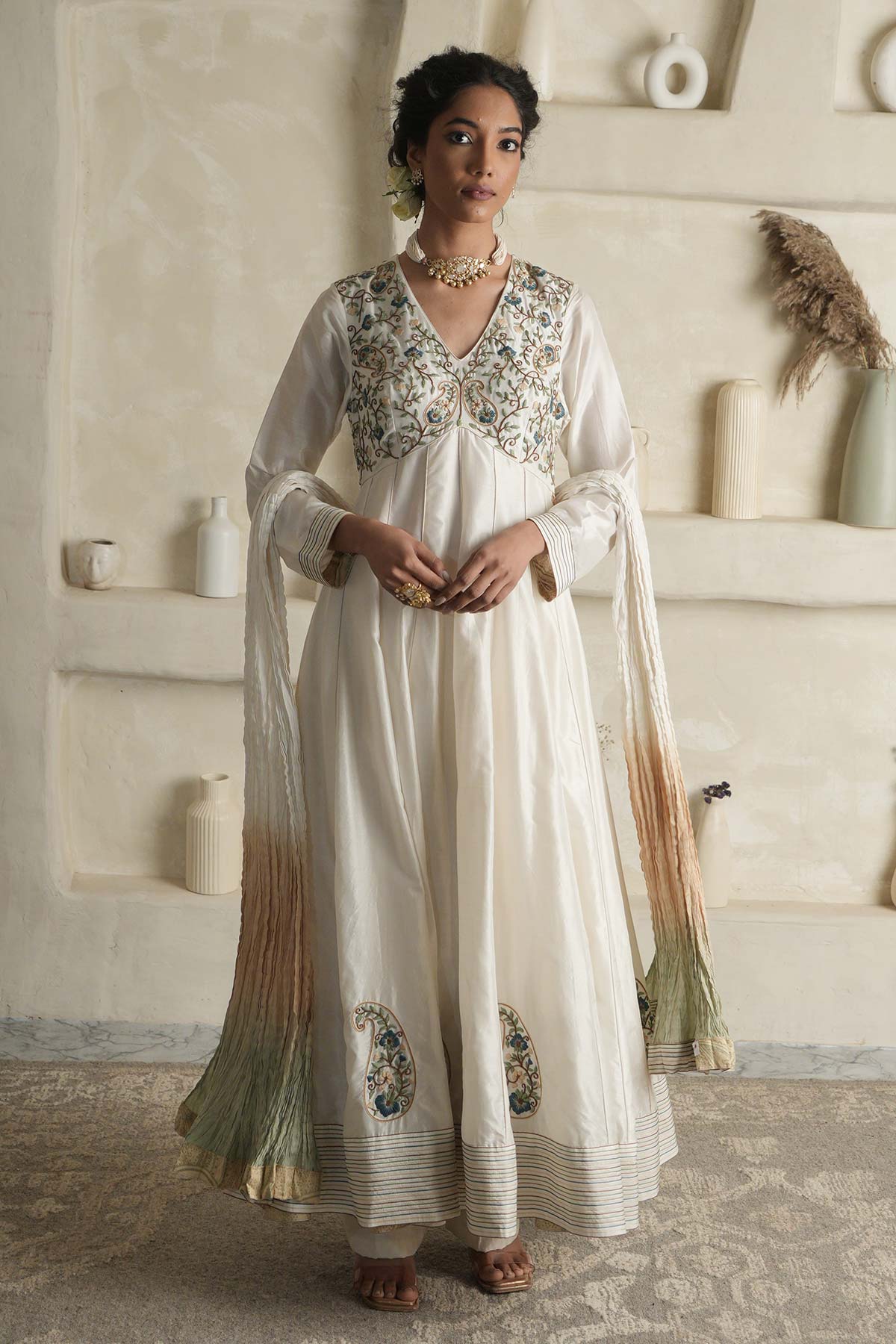 Off-White Silk Anarkali with Paisley Bodice & Ombre Dupatta