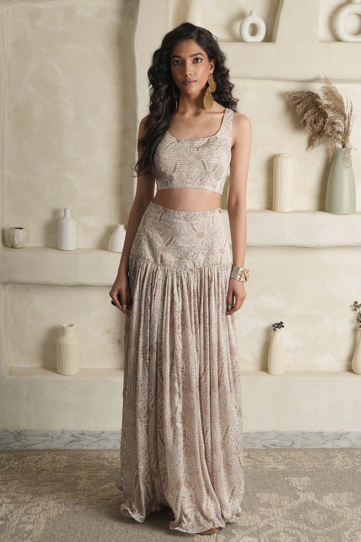 White Satin Paisley Crop Top & Gathered Skirt