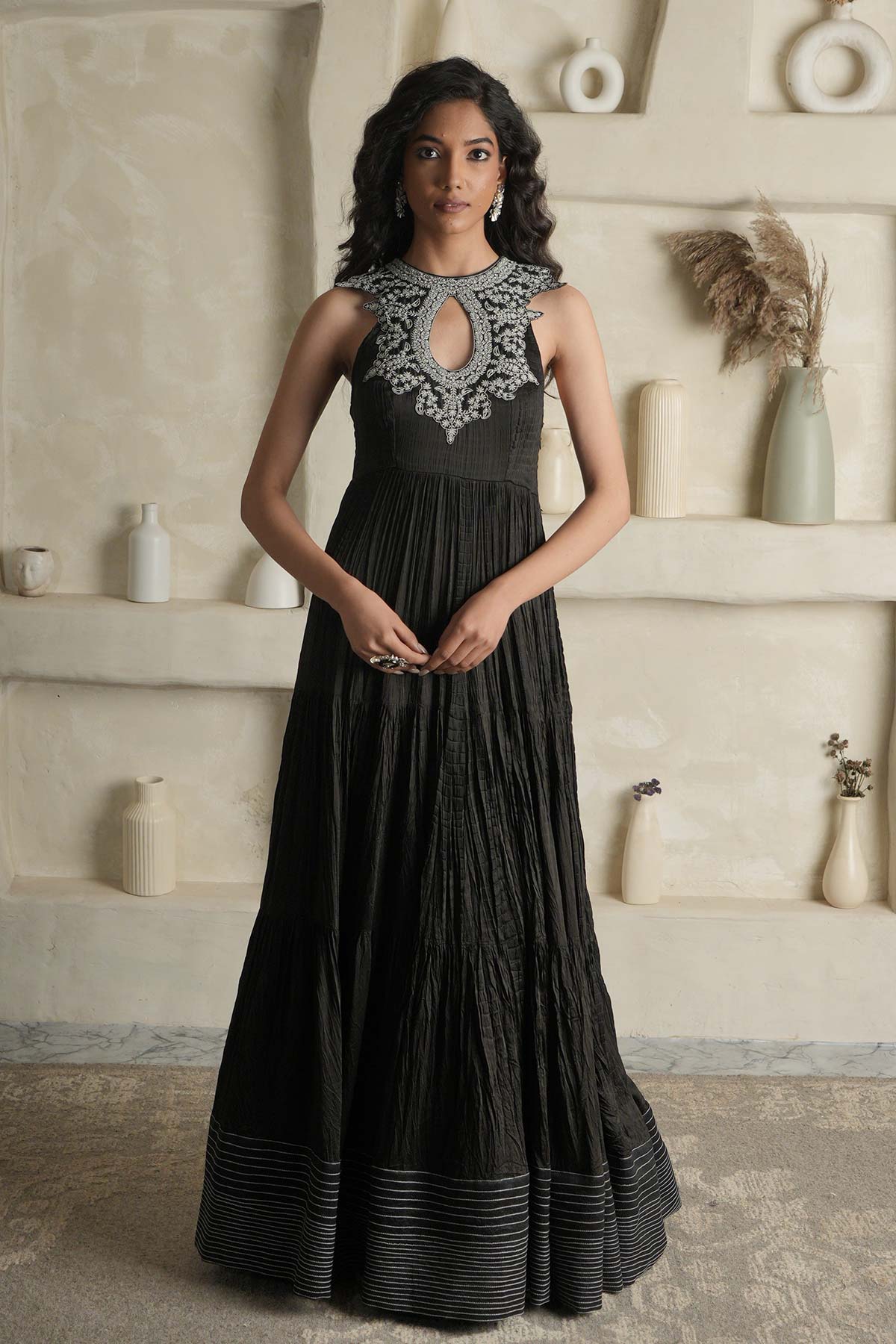 Black Satin Crushed Maxi with Embroidered Yoke & Hemline