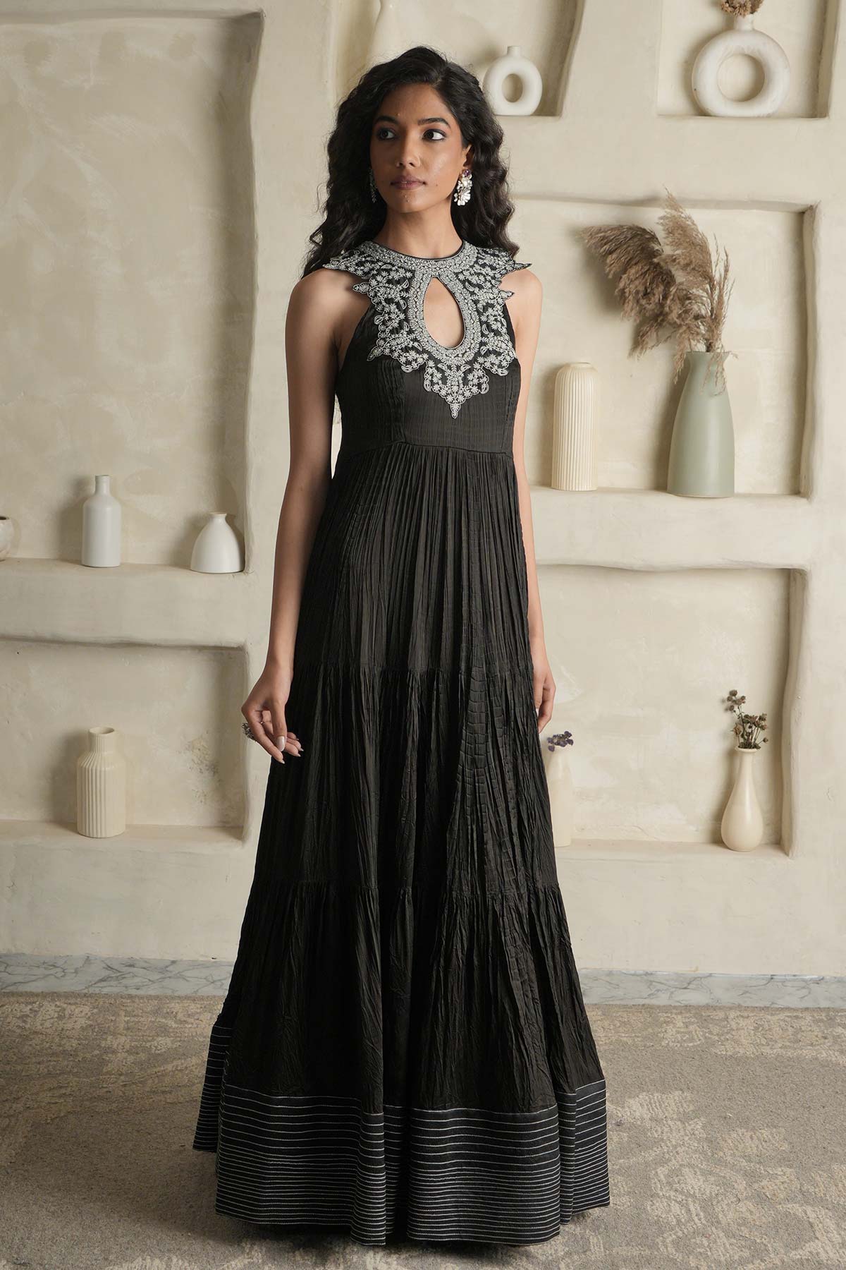 Black Satin Crushed Maxi with Embroidered Yoke & Hemline