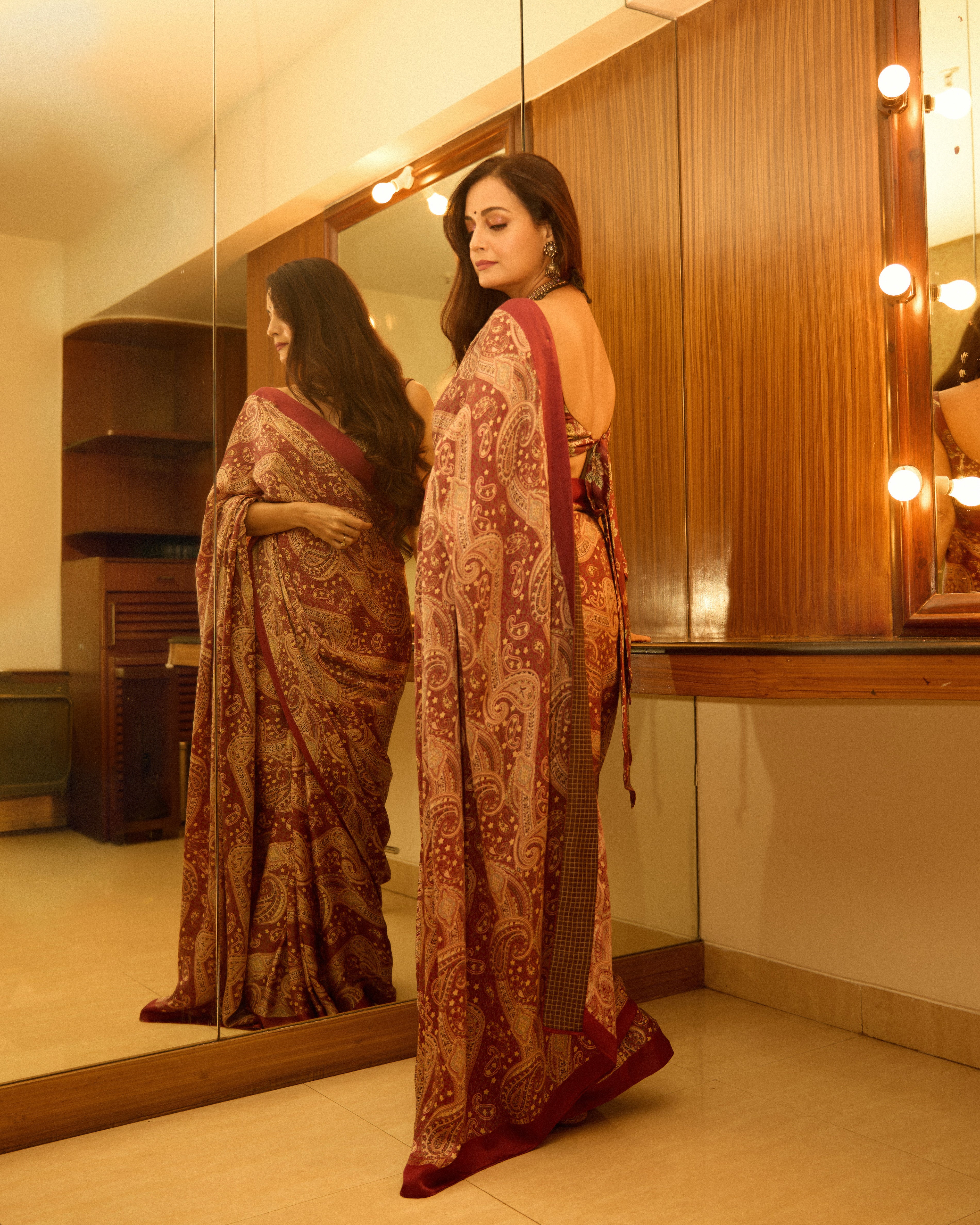 Dia Mirza in our Maroon Satin Paisley Printed Saree & Maroon Chintz Blouse