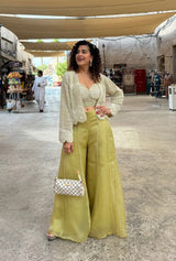 Kamiya Jani in our Green pearl embroidered jacket with bustier and palazzo
