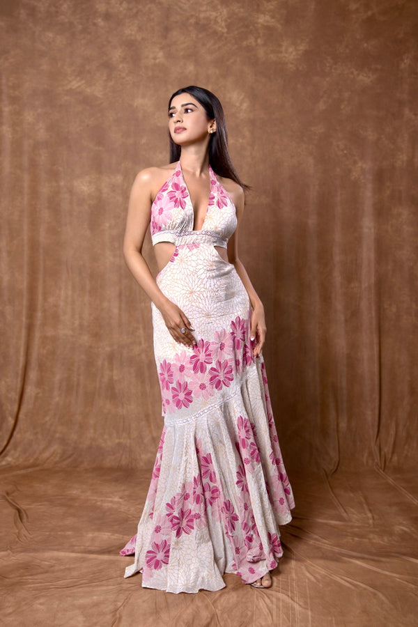 Bone crepe asymmetrical cut out dress with floral placement print