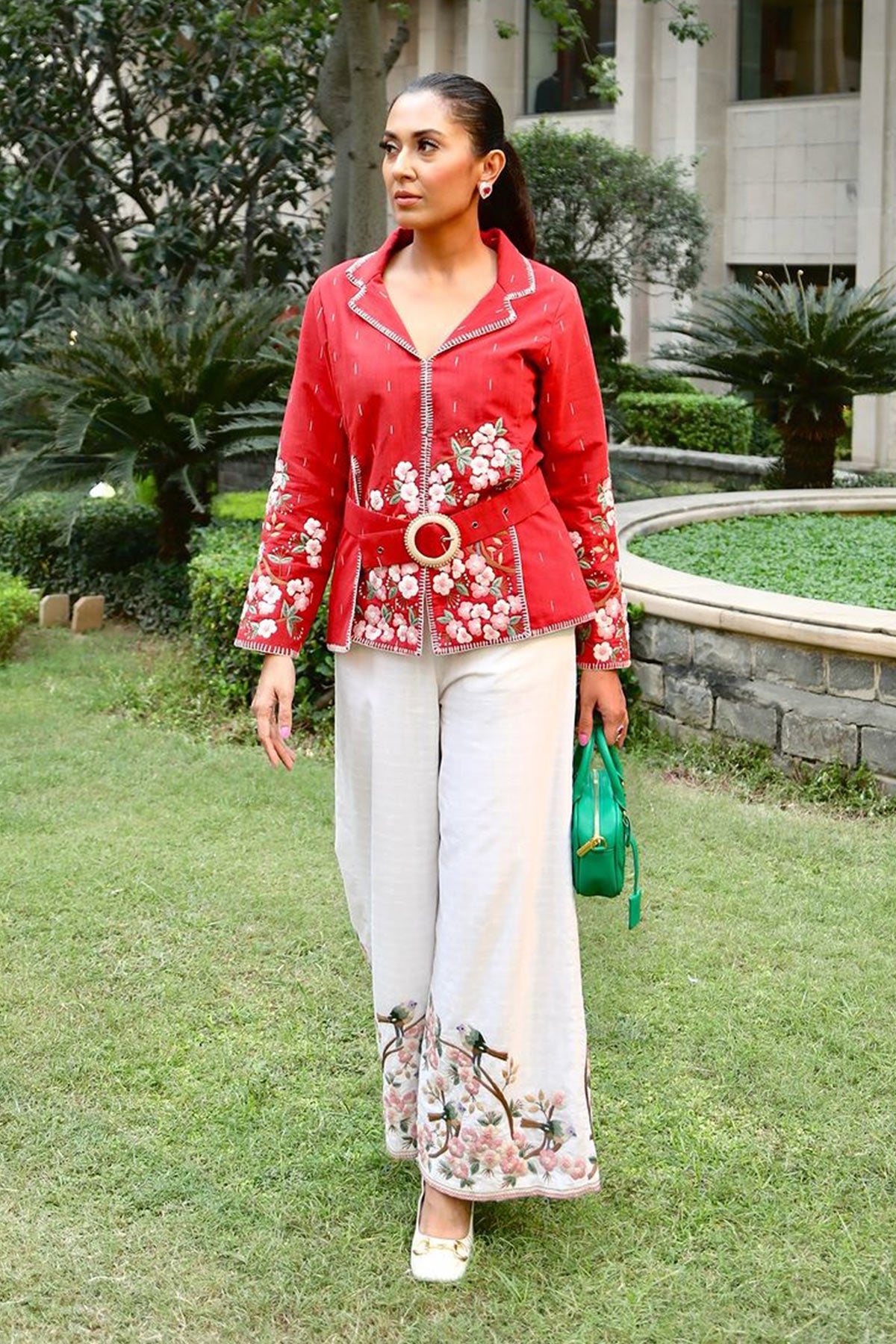 Riidhima Dhawan in Red cotton jamdani embroidered shacket with belt