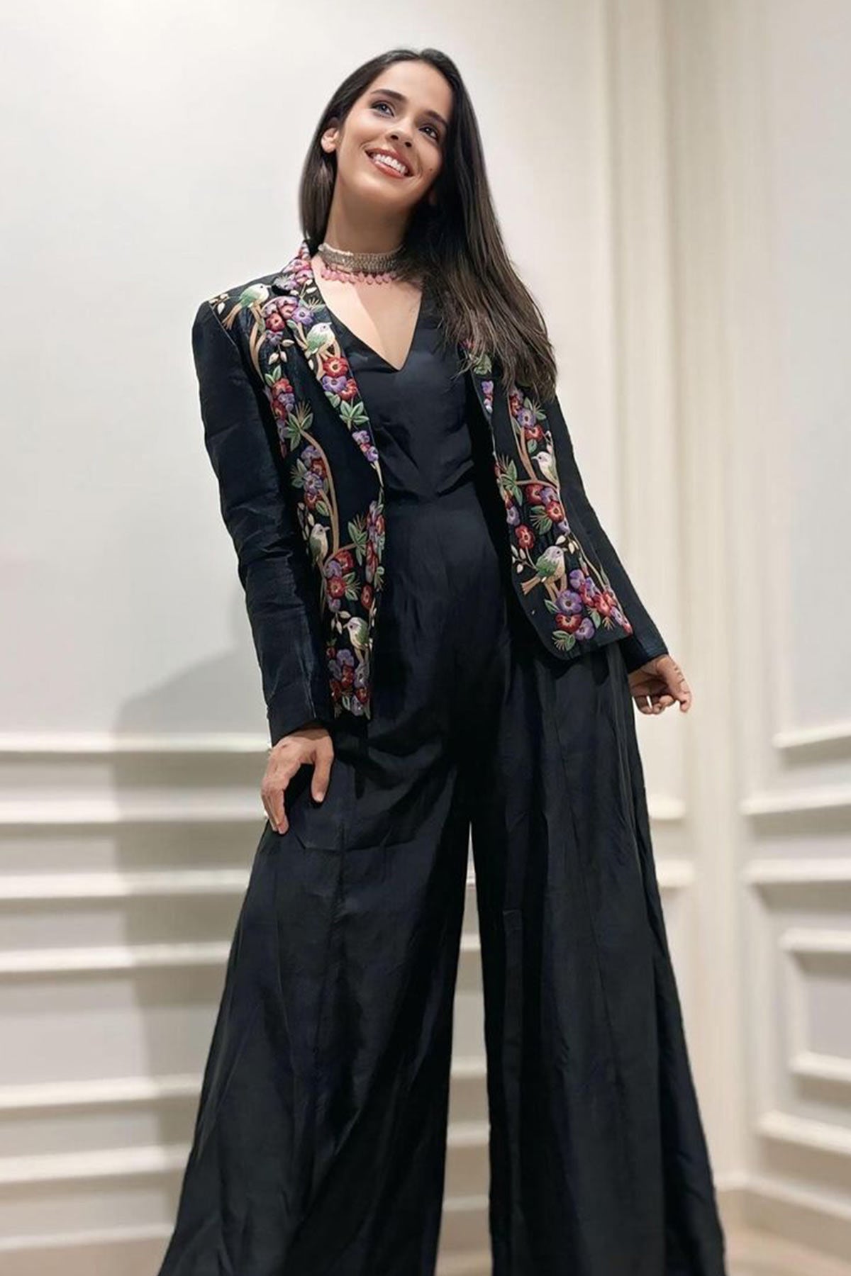 Saina Nehwal in Black raw silk embroidered blazer