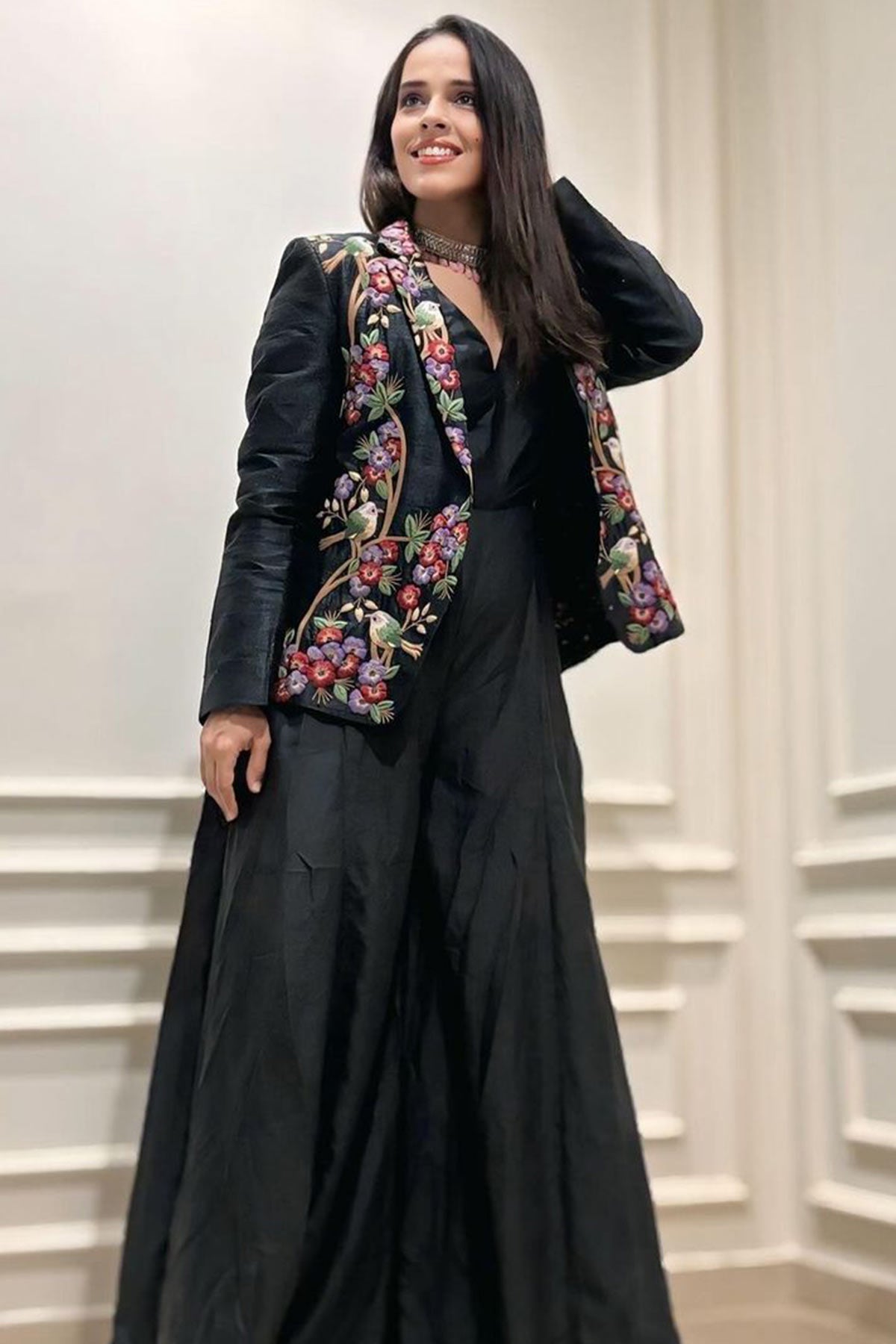 Saina Nehwal in Black raw silk embroidered blazer