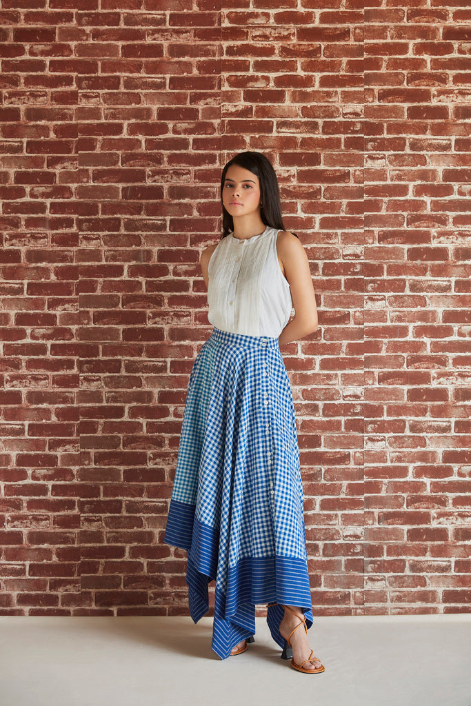 Blue cotton checks asymmetrical skirt