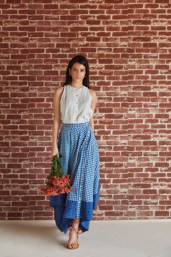 Blue cotton checks asymmetrical skirt