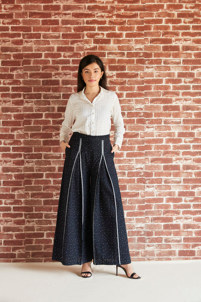 Black linen box pleated embroidered pants