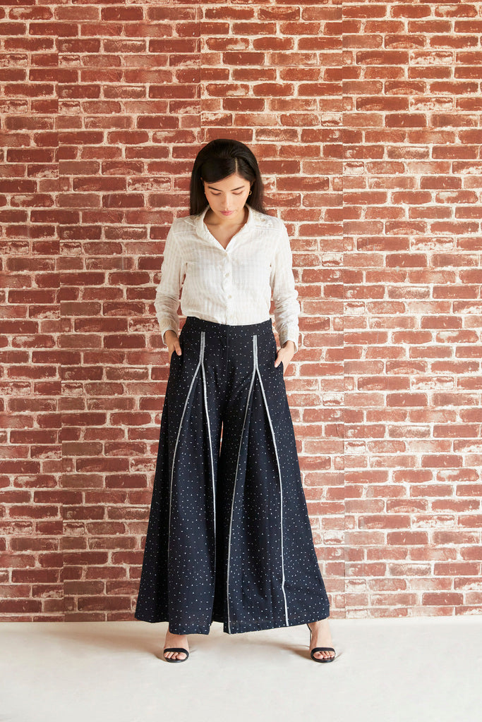 Black linen box pleated embroidered pants