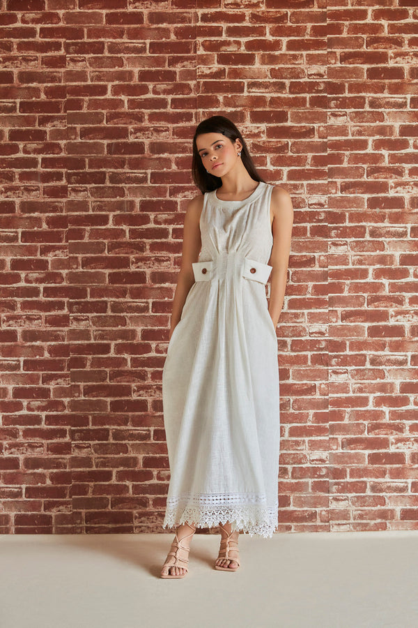 White sleeveless midi dress with rib and lace