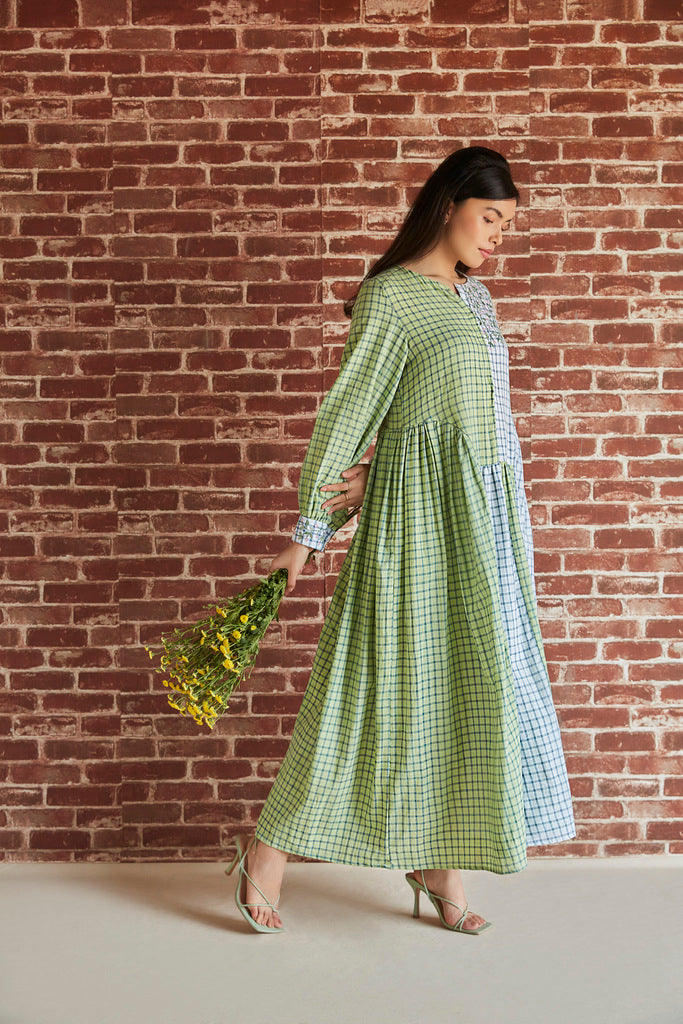 Light green and grey color blocked check embroidered midi