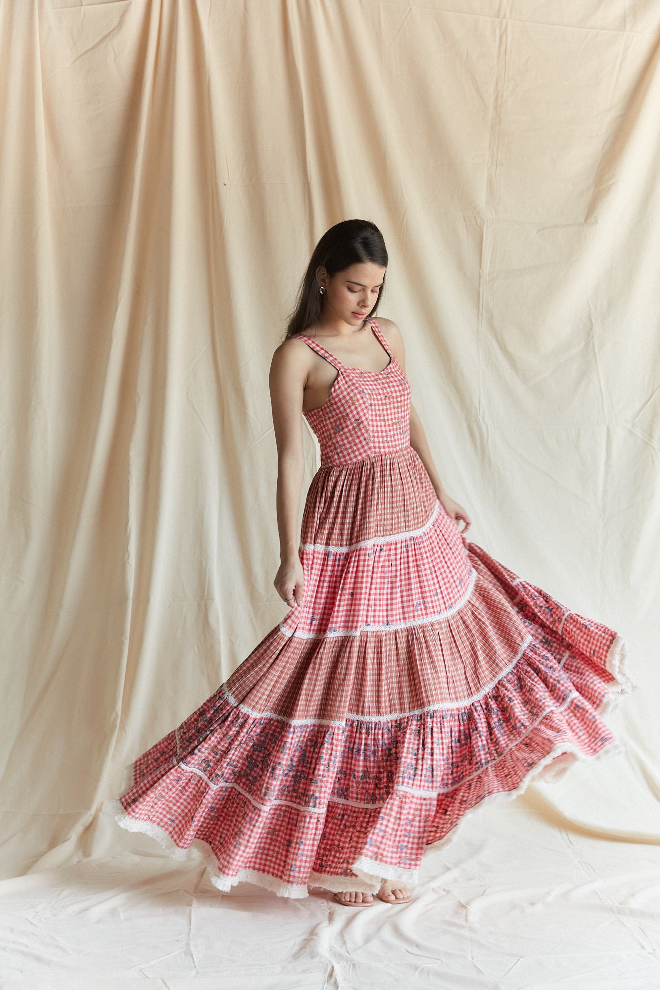 Red cotton checks and printed tiered strappy maxi dress