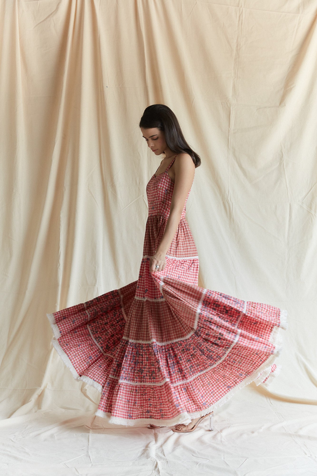 Red cotton checks and printed tiered strappy maxi dress