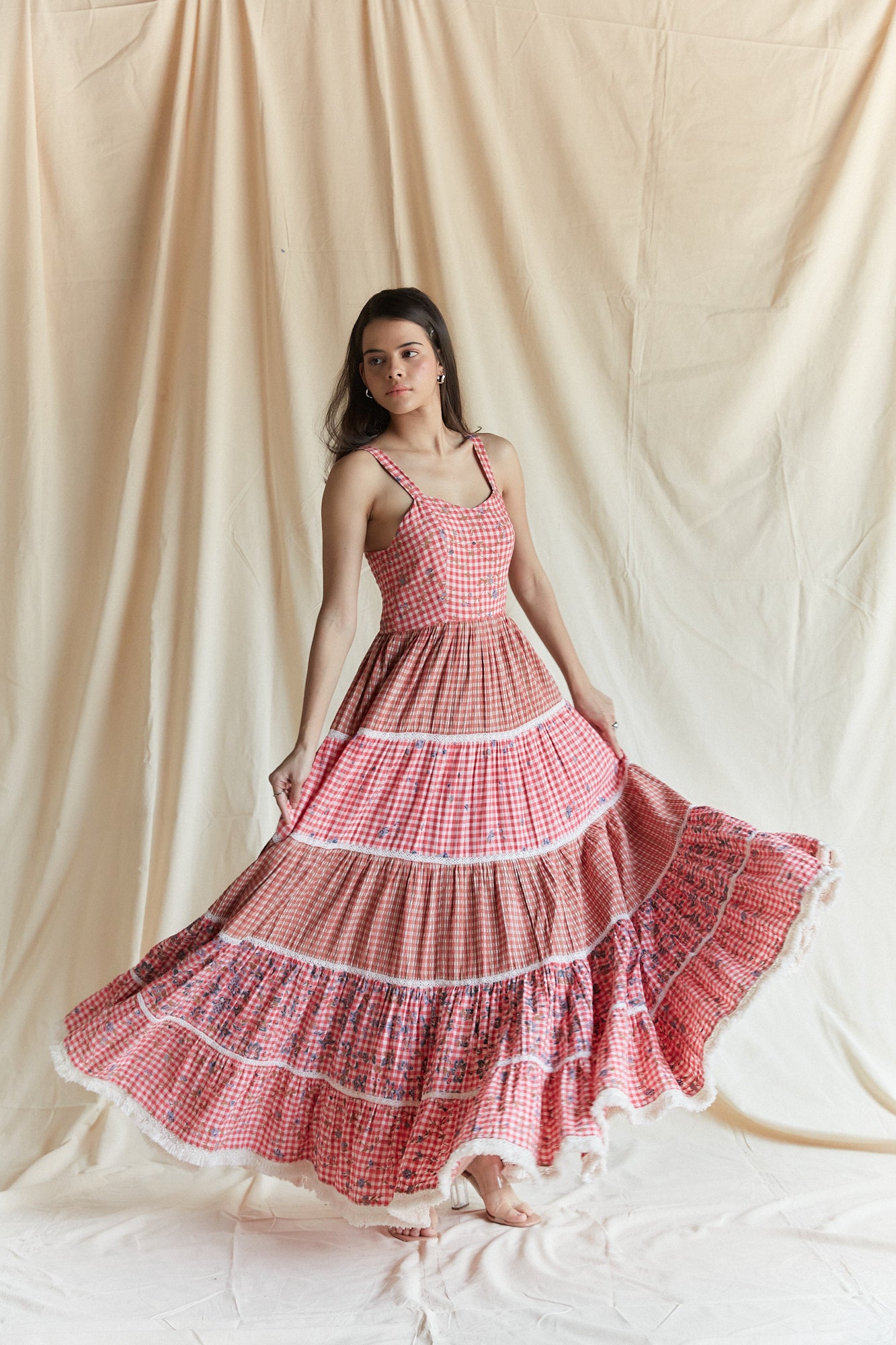 Red cotton checks and printed tiered strappy maxi dress