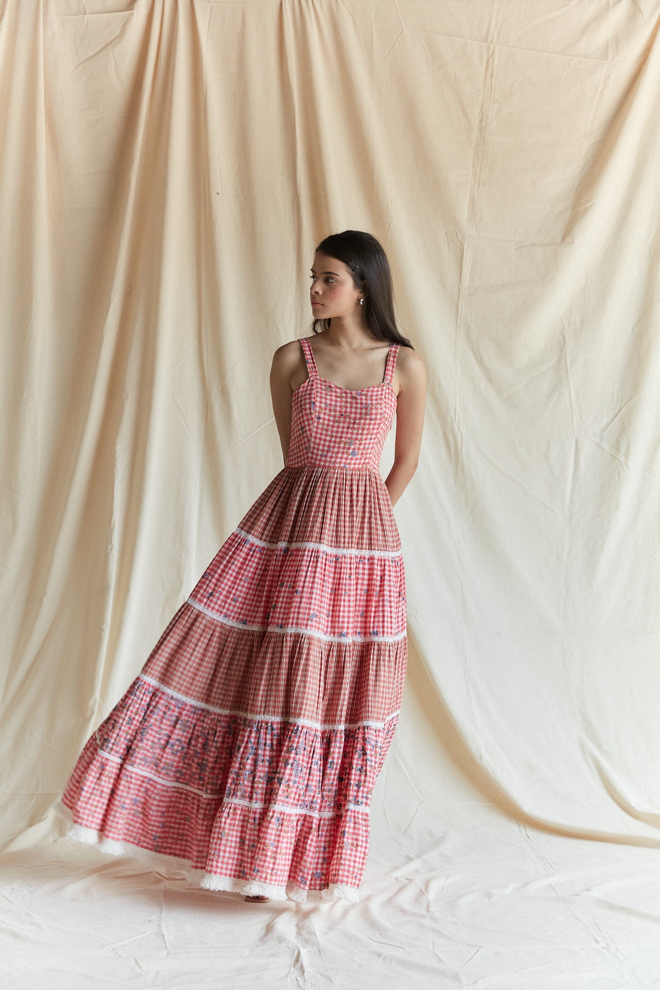 Red cotton checks and printed tiered strappy maxi dress