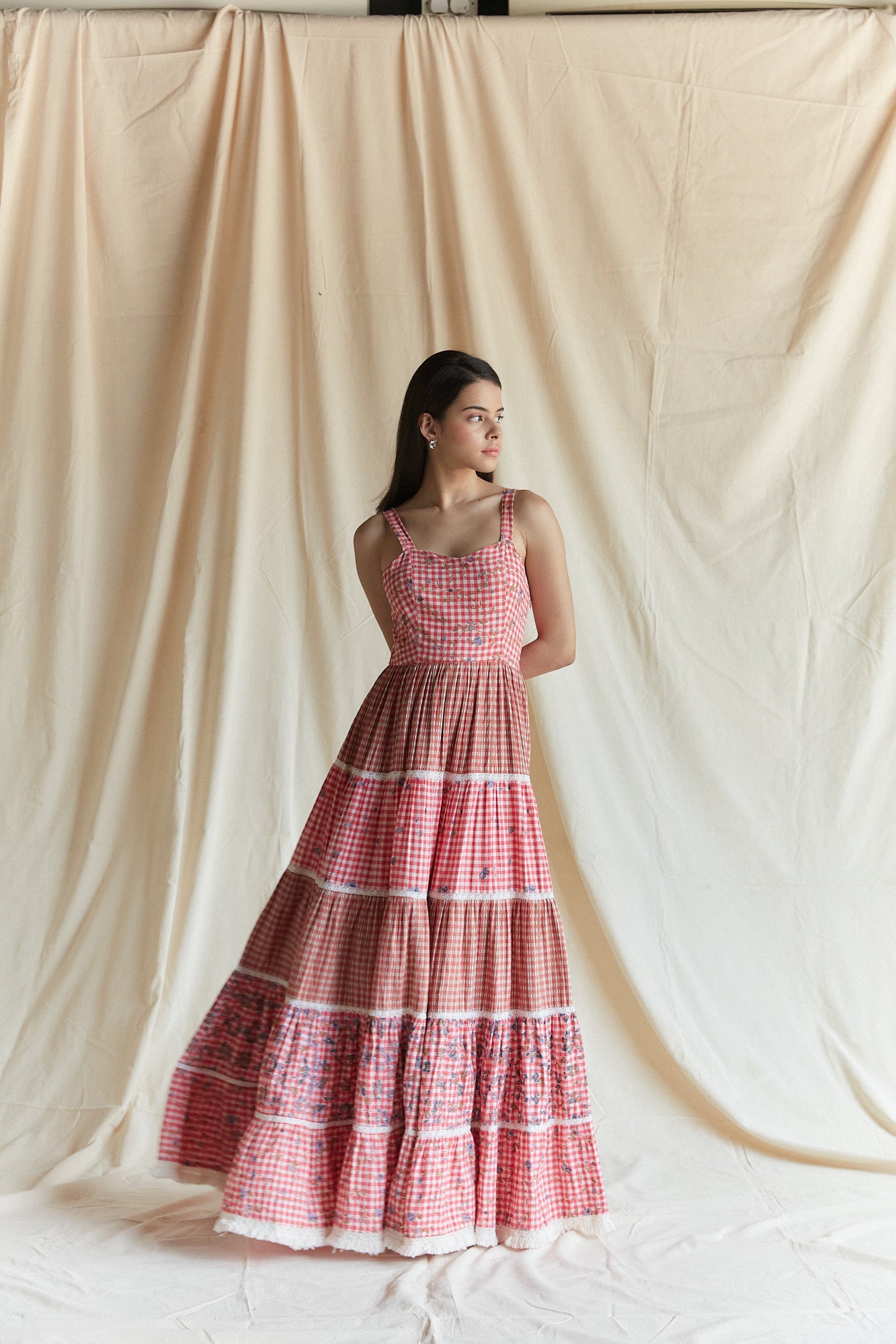 Red cotton checks and printed tiered strappy maxi dress