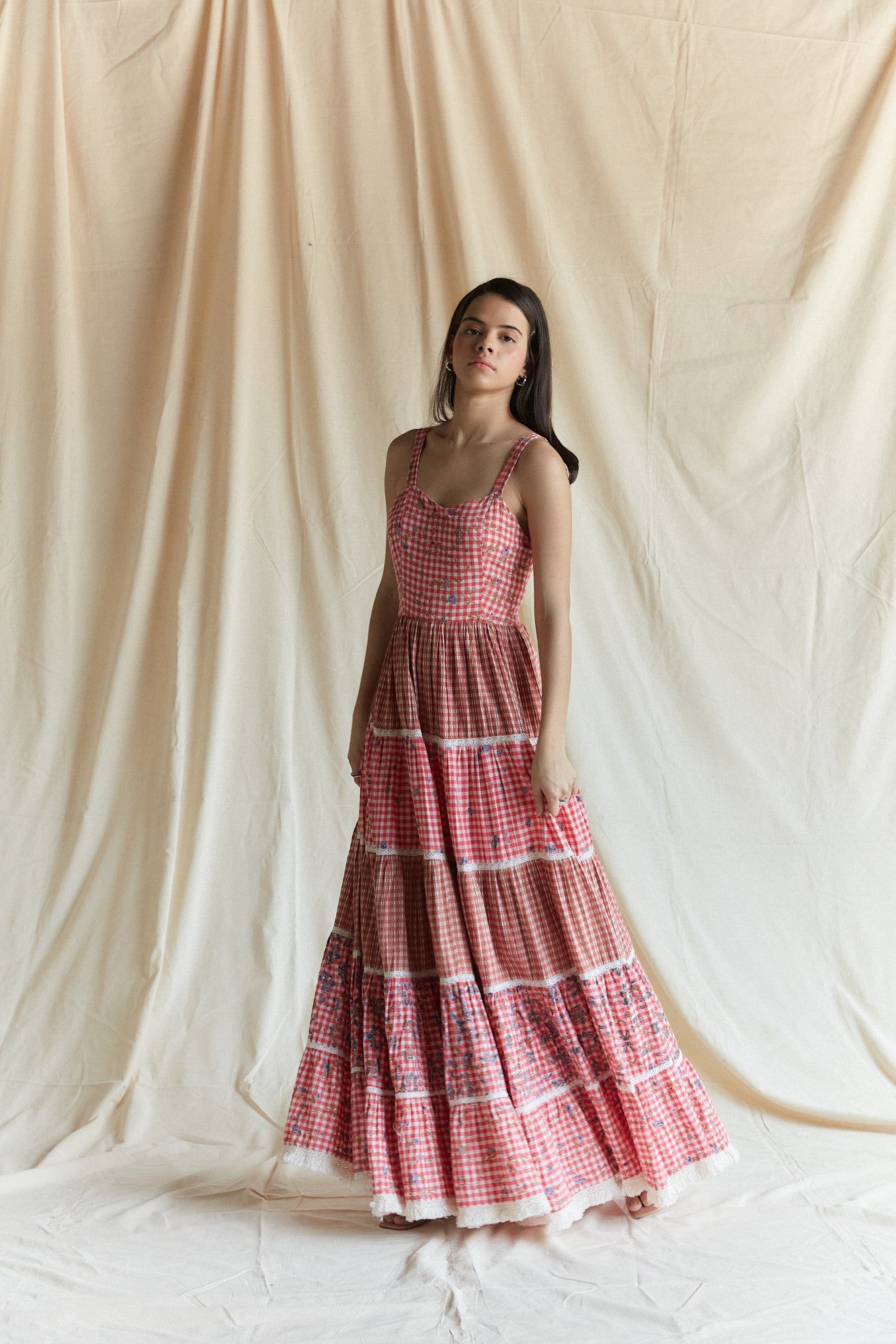 Red cotton checks and printed tiered strappy maxi dress