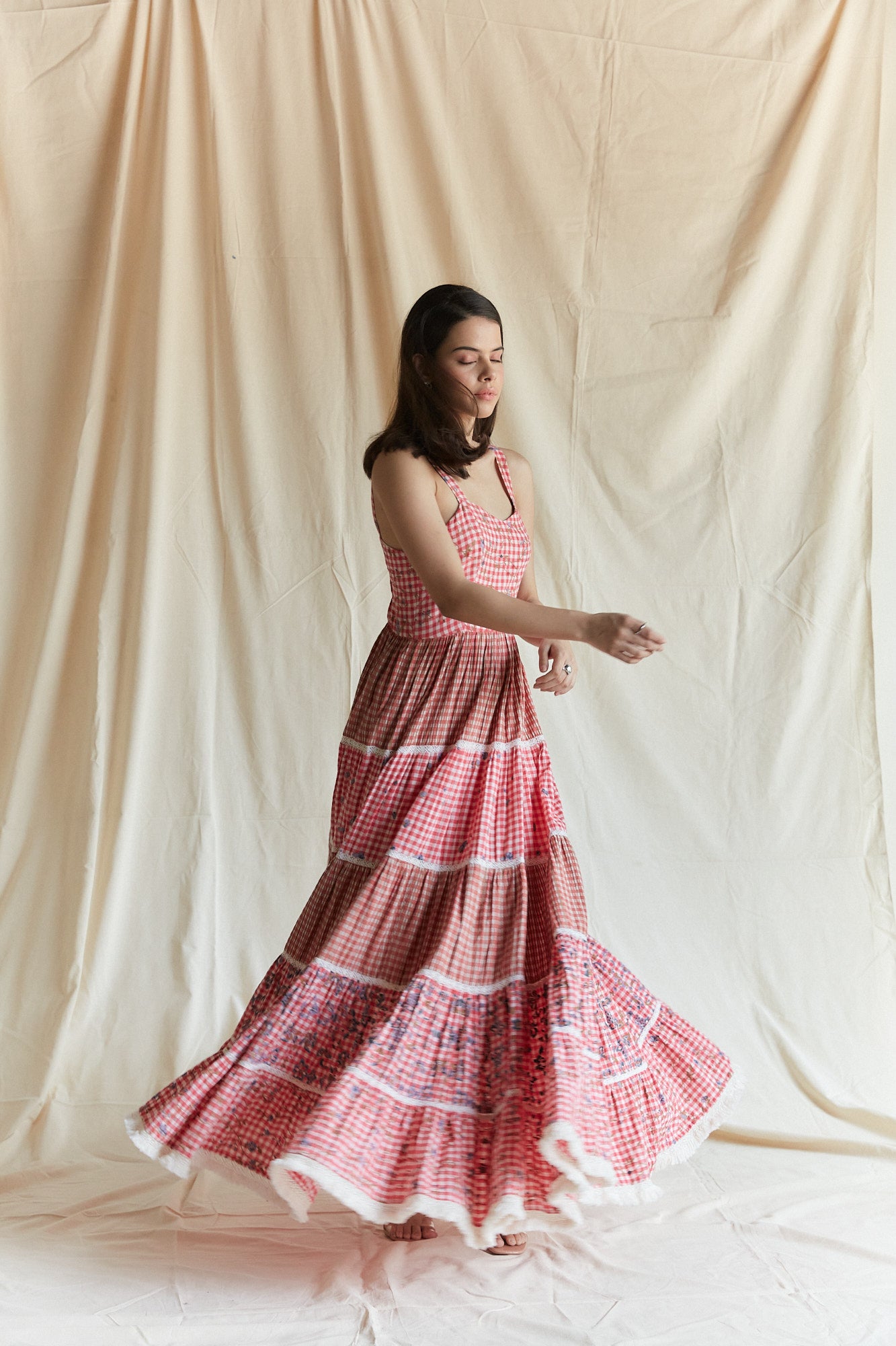 Red cotton checks and printed tiered strappy maxi dress