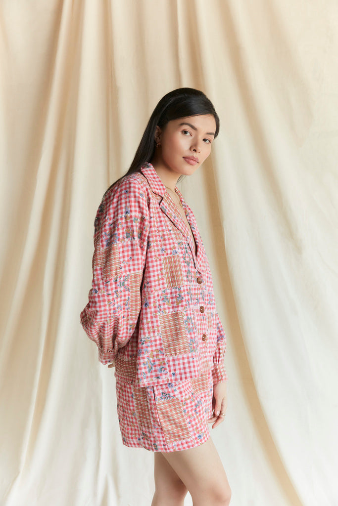 Red cotton multi checks printed shacket with shorts