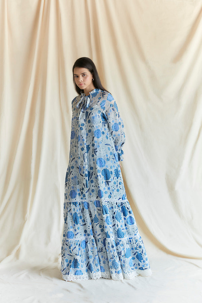 White and blue chintz printed maxi