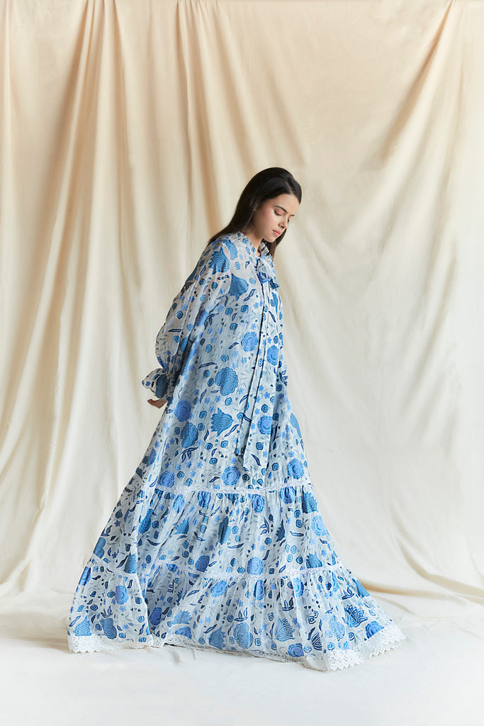 White and blue chintz printed maxi