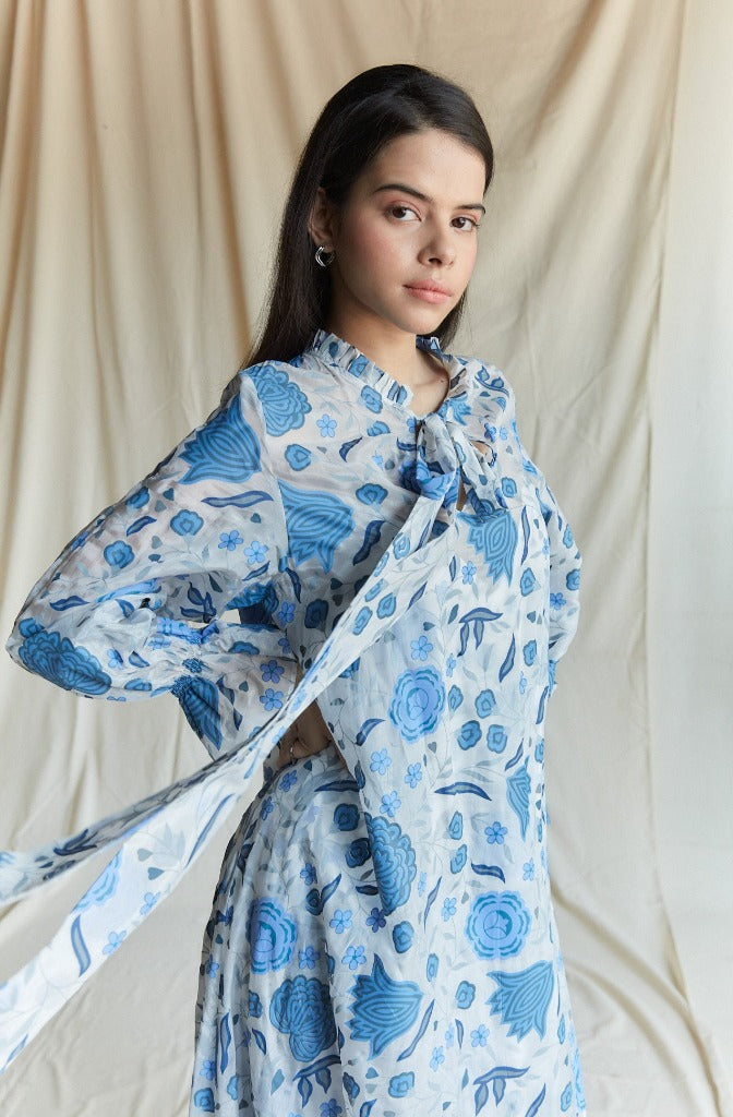 White and blue chintz printed maxi