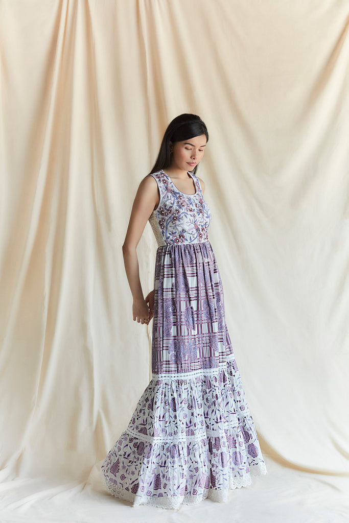 White chintz and paisley printed and embroidered maxi