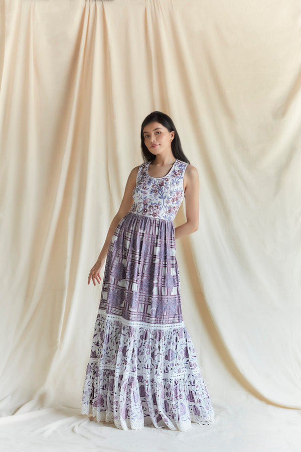 White chintz and paisley printed and embroidered maxi