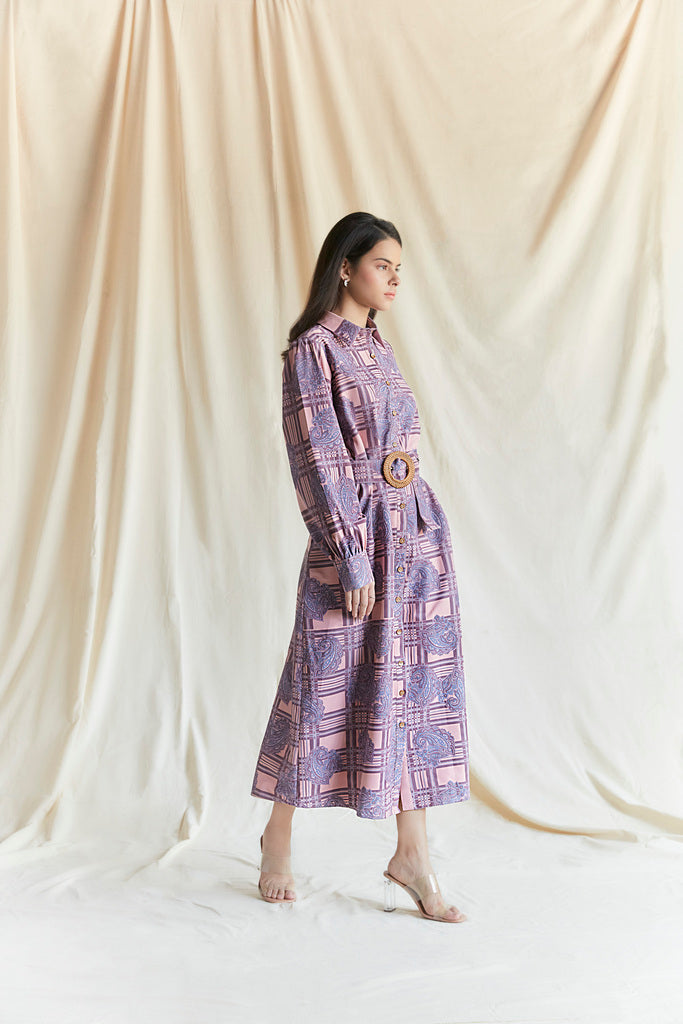 Salmon Pink printed shirt dress with belt