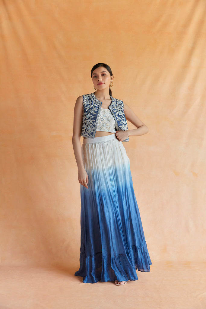Blue and white Ombre skirt with pockets, top and embroidered vest