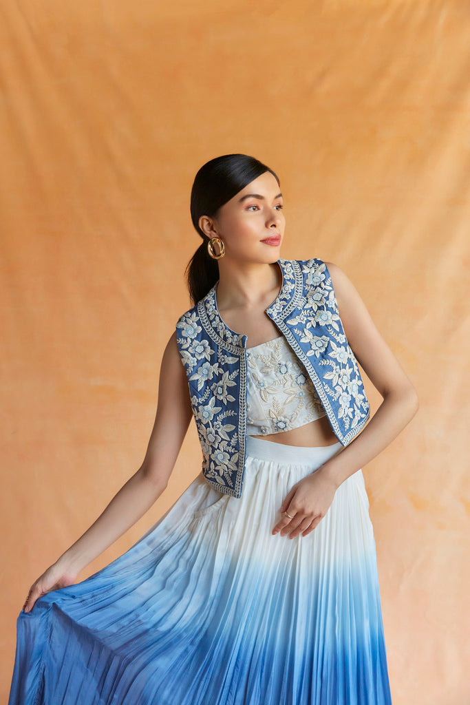 Blue and white Ombre skirt with pockets, top and embroidered vest