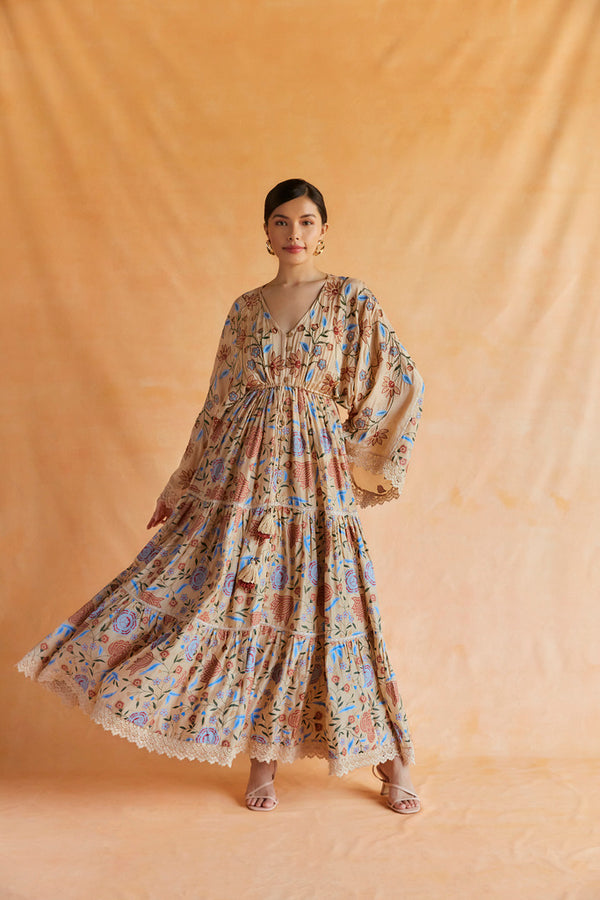 Beige mul chintz printed kimono dress