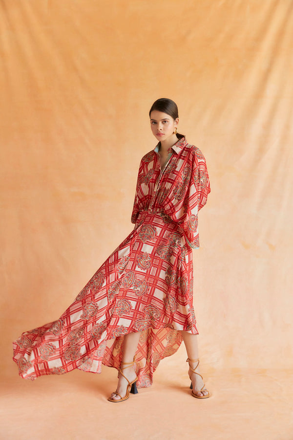 Beige and red mul paisley printed kimono dress