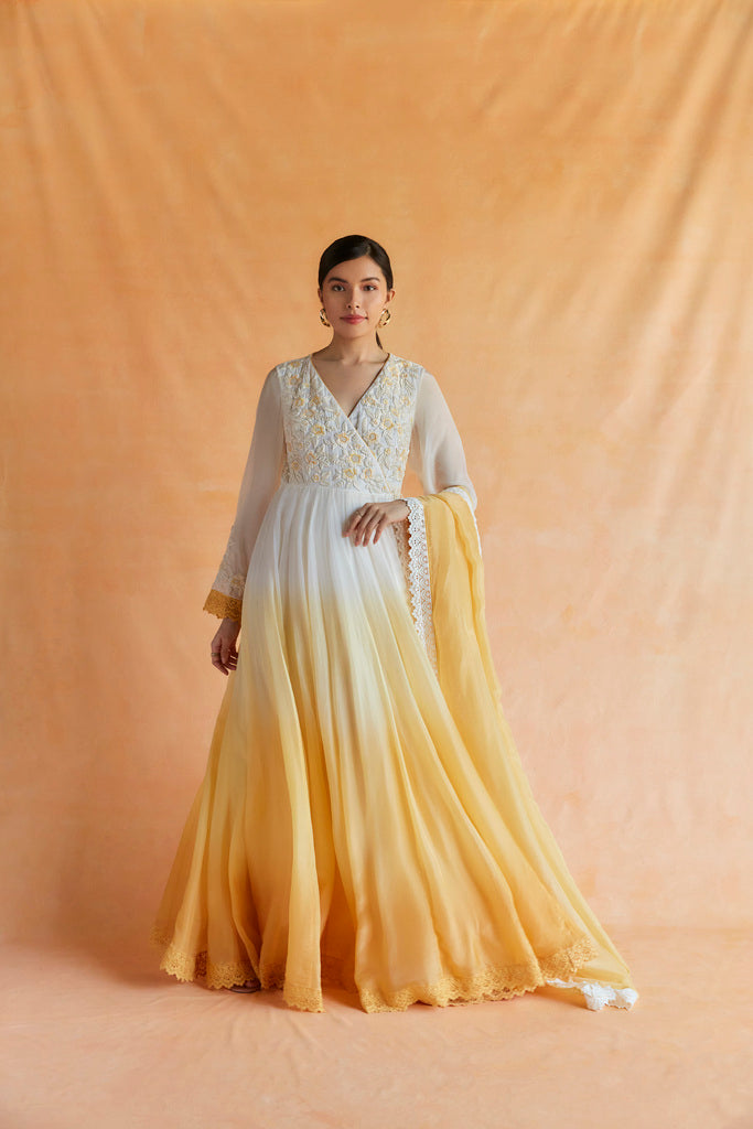 White and yellow Ombre embroidered angarakha maxi with dupatta