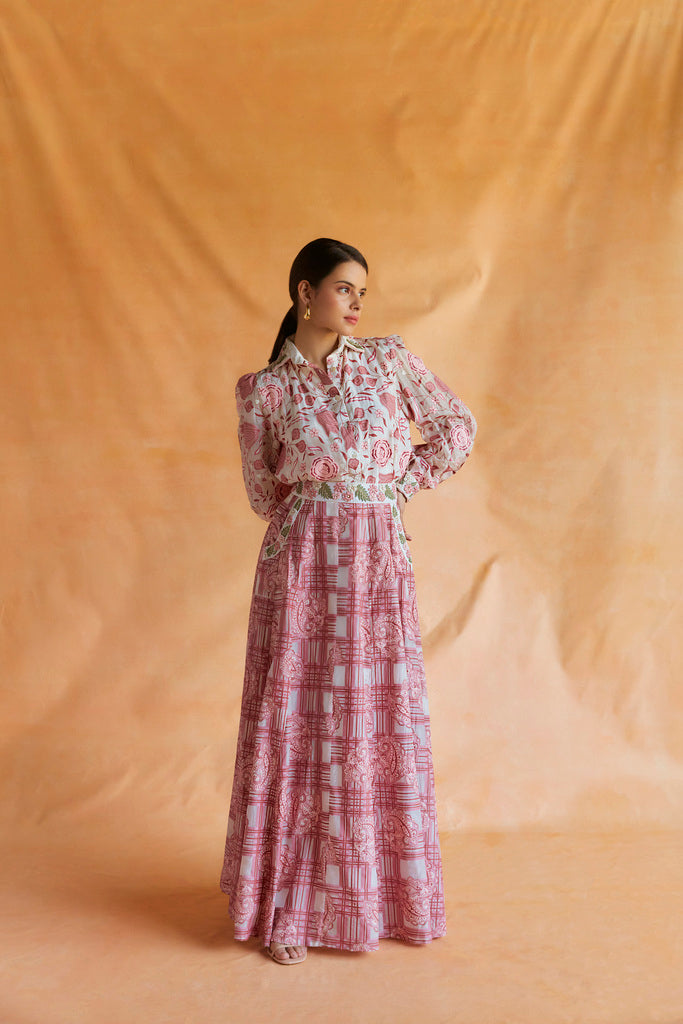 Pink on white printed embroidered shirt with printed skirt
