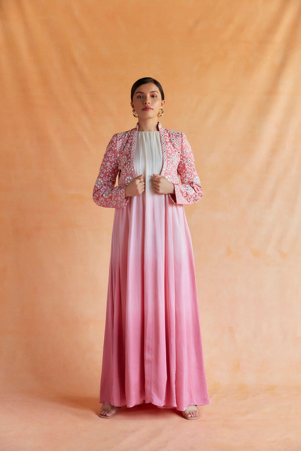 Pink and white ombre maxi with embroidered crop jacket