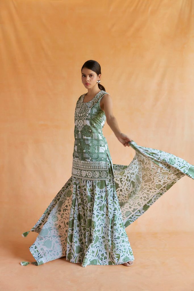White and green printed and embroidered kurta set