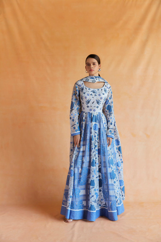 Blue and white printed and embroidered anarkali maxi with dupatta