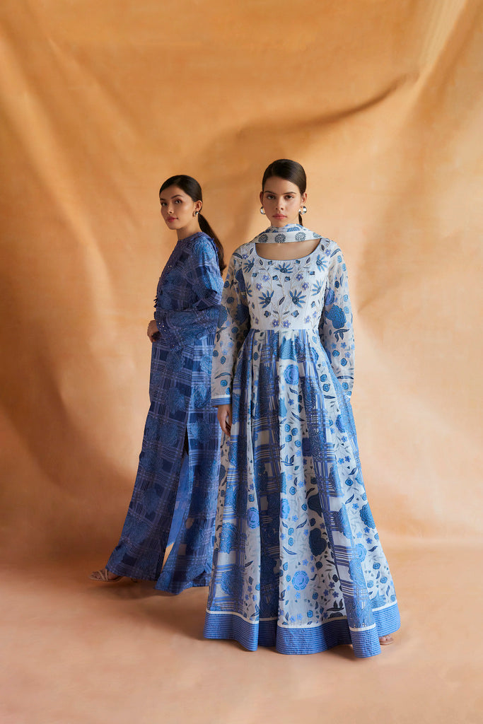 Blue and white printed and embroidered anarkali maxi with dupatta