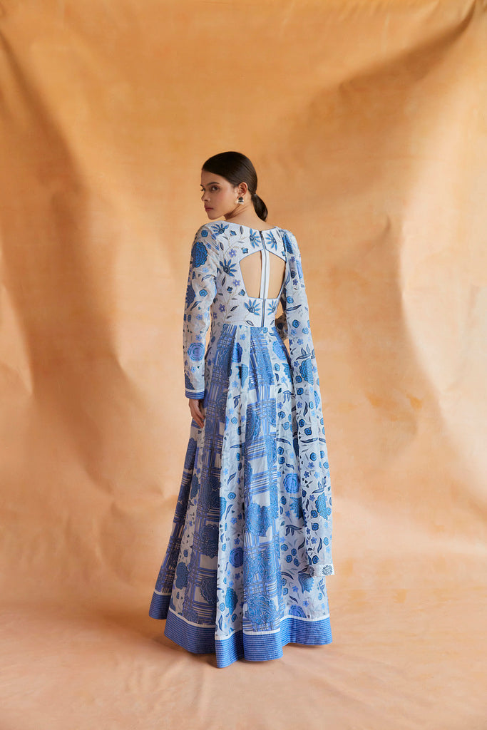 Blue and white printed and embroidered anarkali maxi with dupatta