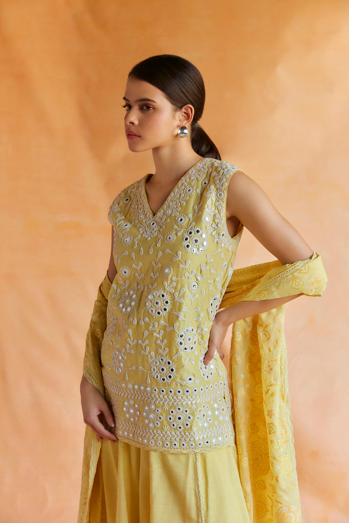 Lemon yellow embroidered short kurta with palazzo and dupatta