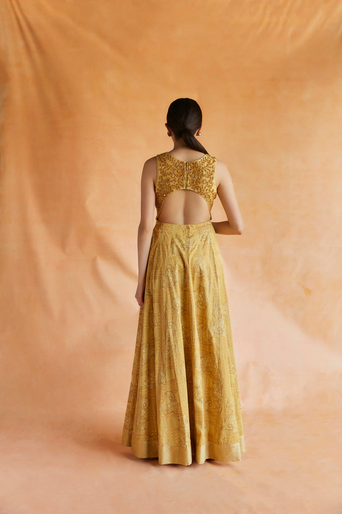 Yellow gold printed maxi with embroidered bodice