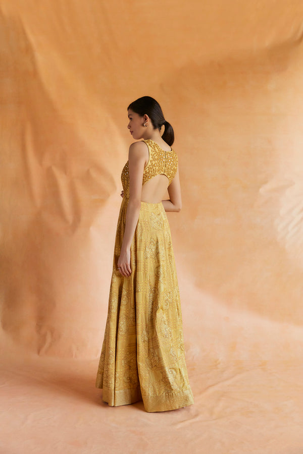 Yellow gold printed maxi with embroidered bodice