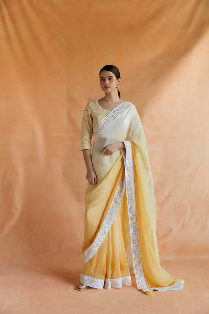 Yellow and white ombre embroidered saree with embroidered blouse